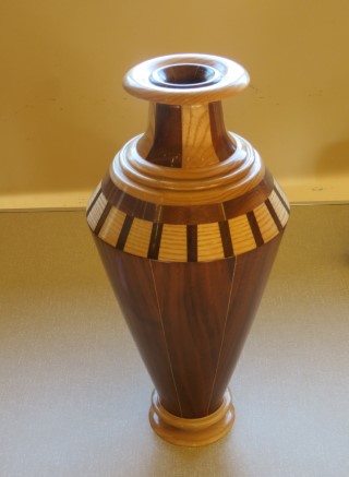 A segmented vase which won a turning of the month for Ken Akrill